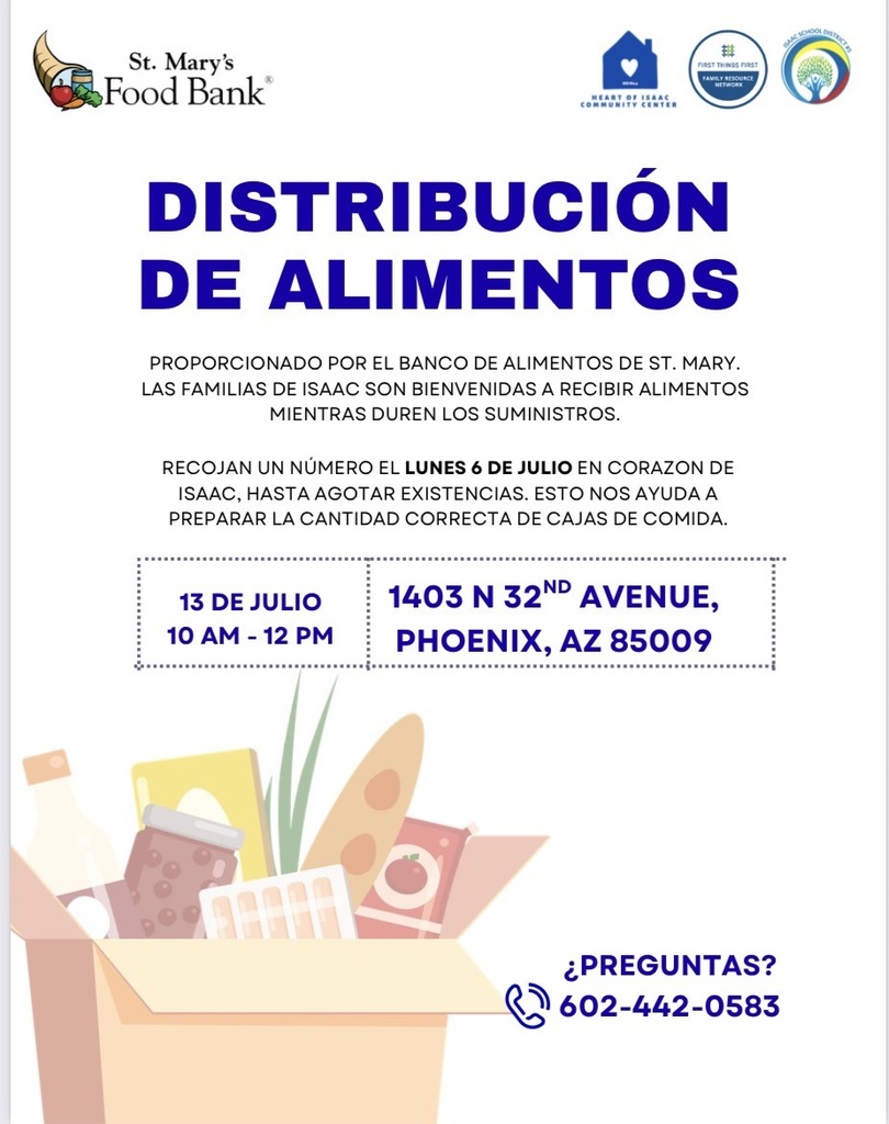 Free food distribution at HOI for Isaac District #5 families.