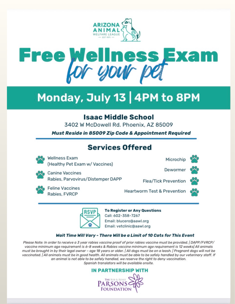 🐾 Attention, Families! Join us this Monday for the AAWL Pet Vaccination Clinic, from 4:00 p.m. to 8:00 p.m., in the Isaac Middle School Gym. Help keep your pets healthy and protected. 🐶🐱 📄 See the flyer below for more information.