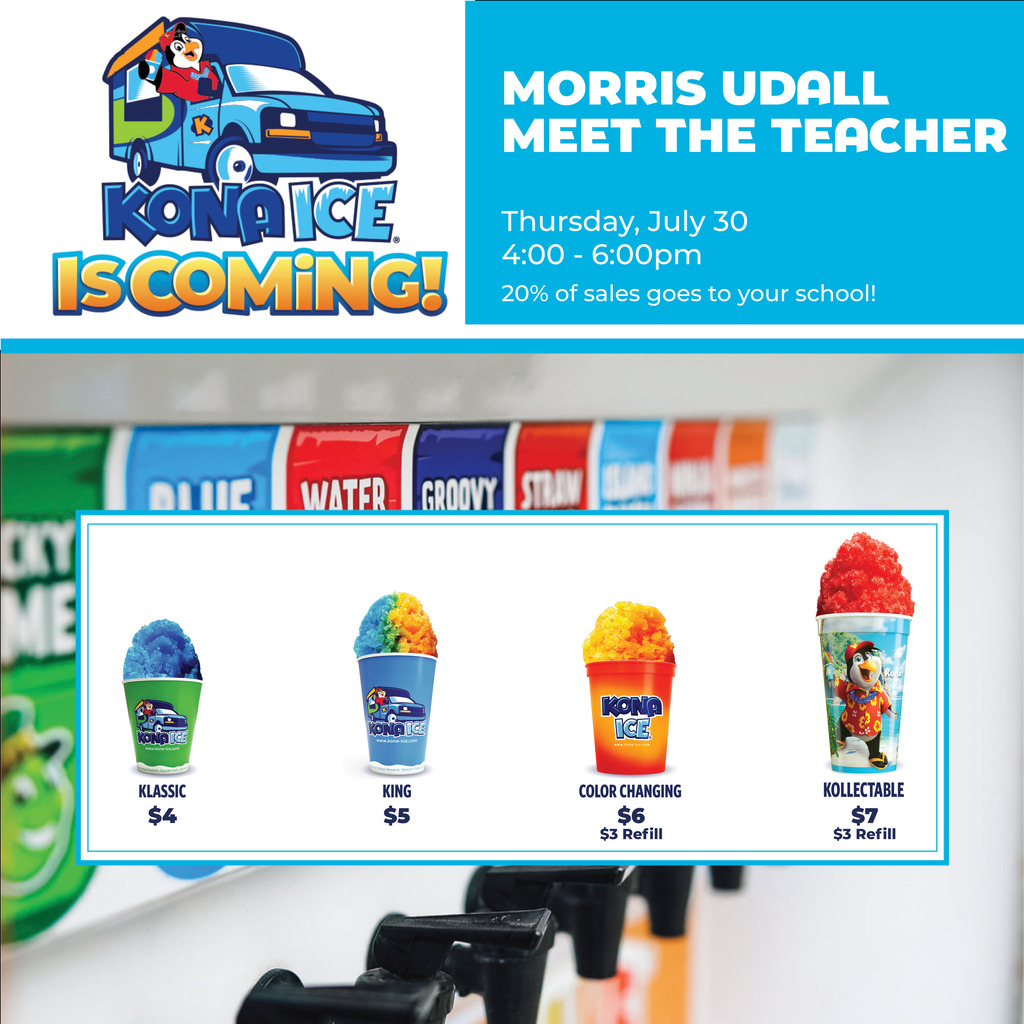 Kona Ice prices per size: (20% of sales goes to your school!) Classic $4, King $5, Color Changing $6 (with $3 refill), collectable $7 (with $3 refill)