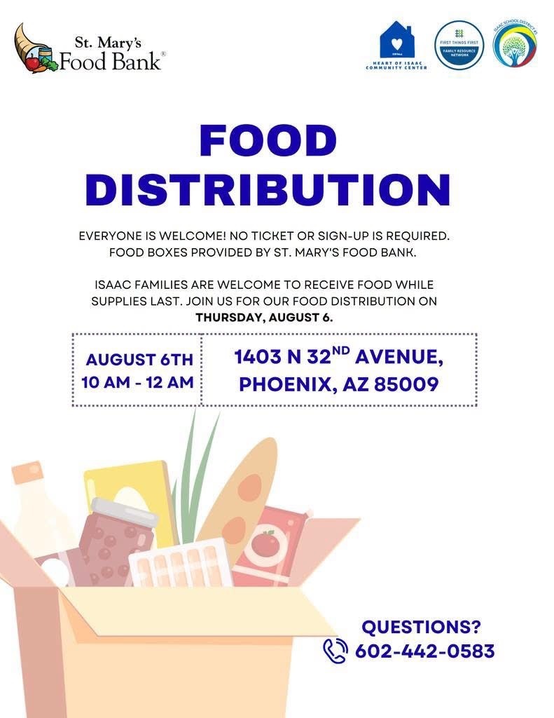 🥫 Food Distribution at HOI – The Blue House  This Thursday, August 6, HOI will host a food distribution in partnership with St. Mary’s Food Bank.  No number or ticket is required. Food boxes will be distributed on a first-come, first-served basis while supplies last.  For more information, please call 602-442-0583.
