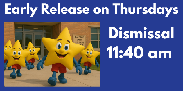 A 3D-rendered digital image shows four cheerful star mascots with smiling faces walking together outside Esperanza Elementary School. The school building is visible in the background with its brick walls, blue doors, and windows. The mascots appear to be leaving for the day, representing an early release. They are carrying small backpacks, suggesting students leaving school at 11:40 a.m. for a half-day dismissal. The scene is bright and welcoming, with a clear sky above.