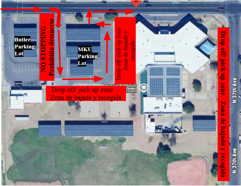 Map showing drop off and pick up. There is NO STOPPING in the butler parking lot. The drop off/pick up zone is along the chain-link gate and along the building in the MKU parking lot. There is also a drop-off/pick-up zone along 37th ave.