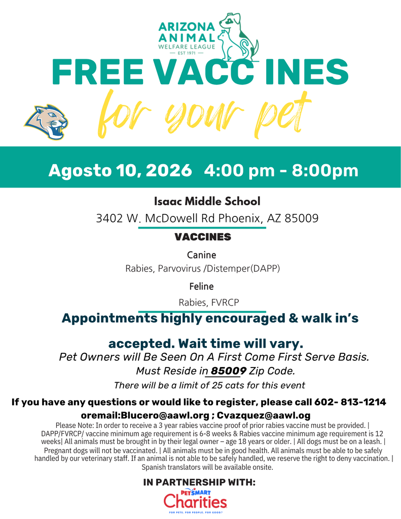 This is a flyer for the vaccination clinic providing free services to the Isaac community at Isaac Middle School today, August 10, 2026.