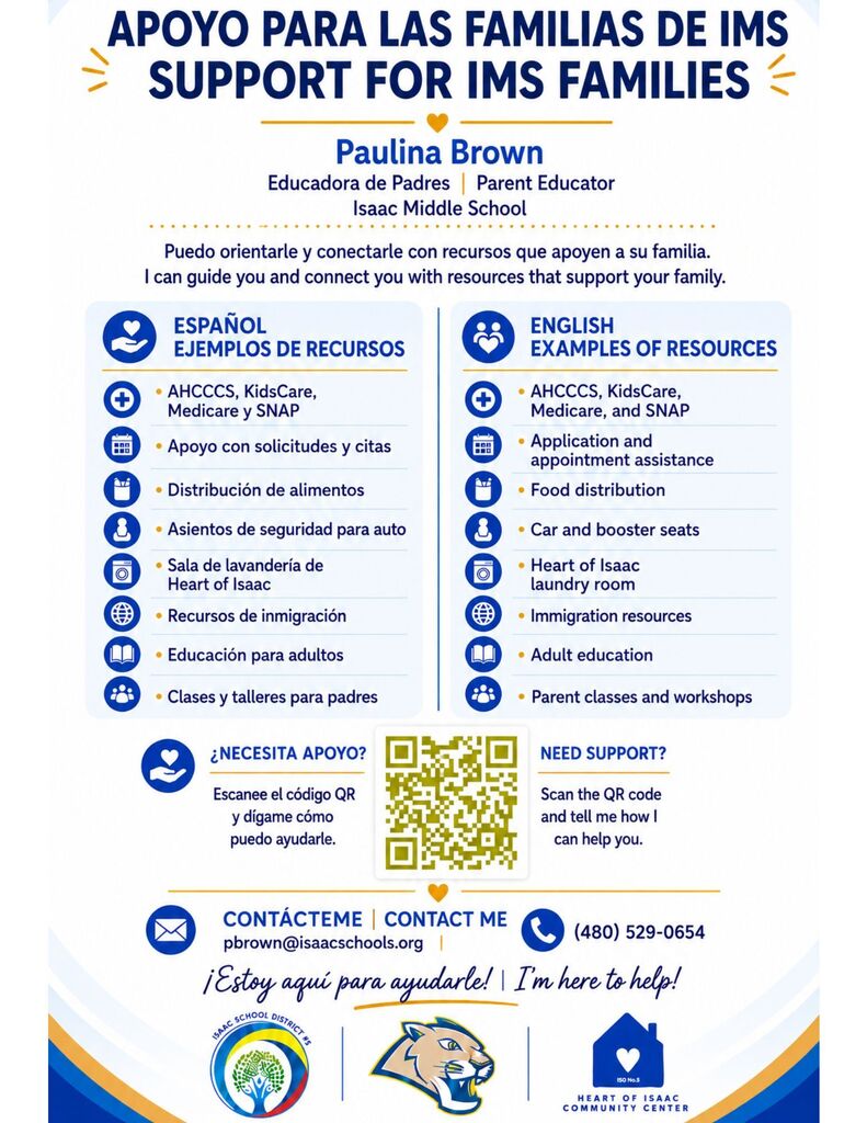 ¿Necesita apoyo o recursos para su familia? ¡Estamos aquí para ayudarle! Escanee el código QR o comuníquese con nuestra Educadora de Padres, Paulina Brown. 💙💛 Does your family need support or resources? We’re here to help! Scan the QR code or contact our Parent Educator, Paulina Brown.