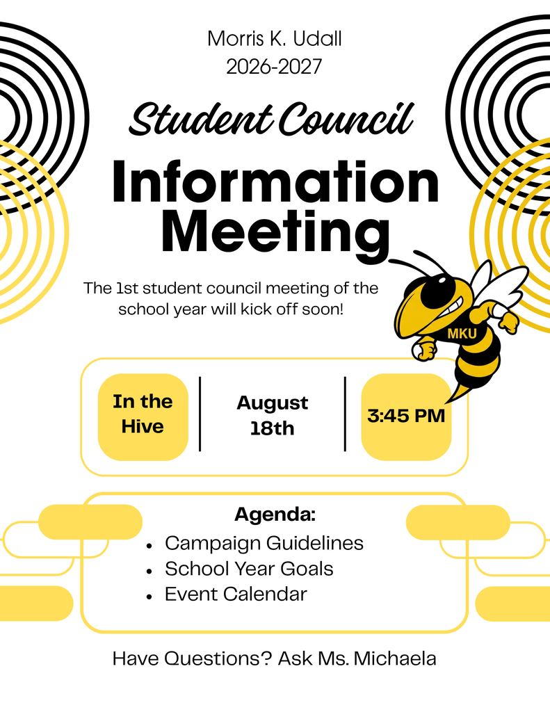 Student Council Information Meeting. The first student council meeting of the school year will kick of soon! In the hive August 18th 3:45pm. Agenda: campaign guidelines, school year goals, event calendar. Have questions? Ask Ms. Michaela.