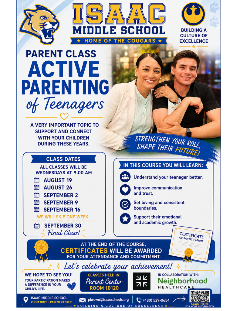 Supporting a teenager is easier when we have the right tools! Join us for Active Parenting of Teens, a 6-session course presented in partnership with Neighborhood Healthcare. Families will learn practical strategies to improve communication, strengthen relationships, and support their teens through this important stage. 💙💛 📅 Begins August 19 ⏰ 9:00 a.m. Register today and reserve your spot! Paulina Brown 📞 480-529-0654 ✉️ pbrown@isaacschools.org