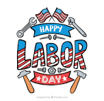 "Happy Labor Day" written in red, white, and blue letters with tools around the words