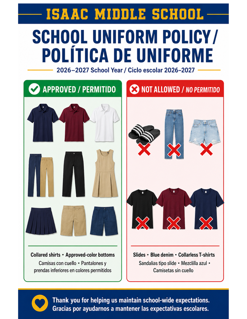 📢 Uniform Reminder for IMS Families  Beginning this week, district uniform guidelines will be fully enforced.  ✅ Collared or polo shirts ✅ Uniform pants, shorts, or skirts ✅ Black jeans are allowed ❌ Blue jeans are not allowed  Thank you for helping our scholars look professional and arrive ready to learn every day.