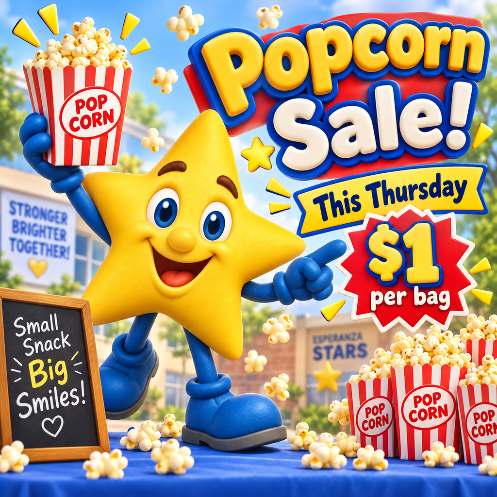 Bright, colorful 3D school flyer featuring the smiling yellow Esperanza Star mascot with blue arms, gloves, legs, and shoes. The mascot is holding up a red-and-white striped bag filled with popcorn and pointing toward the sale information. Large 3D text at the top reads, “Popcorn Sale!” A yellow banner says, “This Thursday,” and a red starburst displays “$1 per bag.” Several striped popcorn bags and loose popcorn pieces decorate a blue table in the foreground. A small chalkboard reads, “Small Snack, Big Smiles!” The background shows a sunny school setting with Esperanza Stars signage.