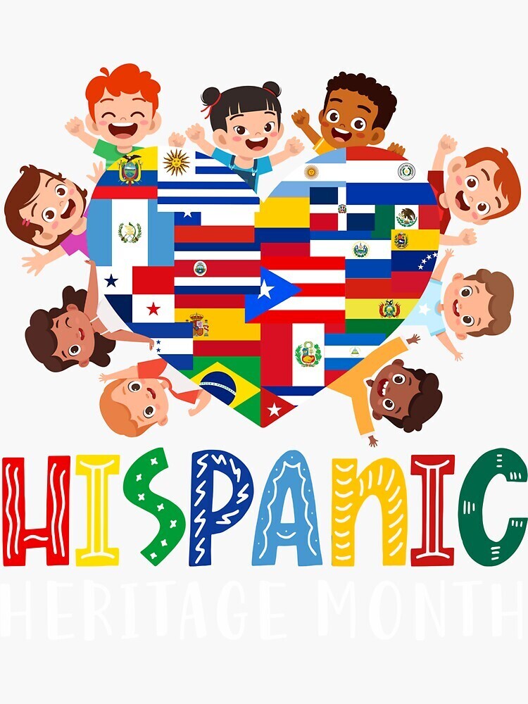 cartoon children around a heart made up of Latin American flags with the word "Hispanic" underneath in red, yellow, green, and blue letters