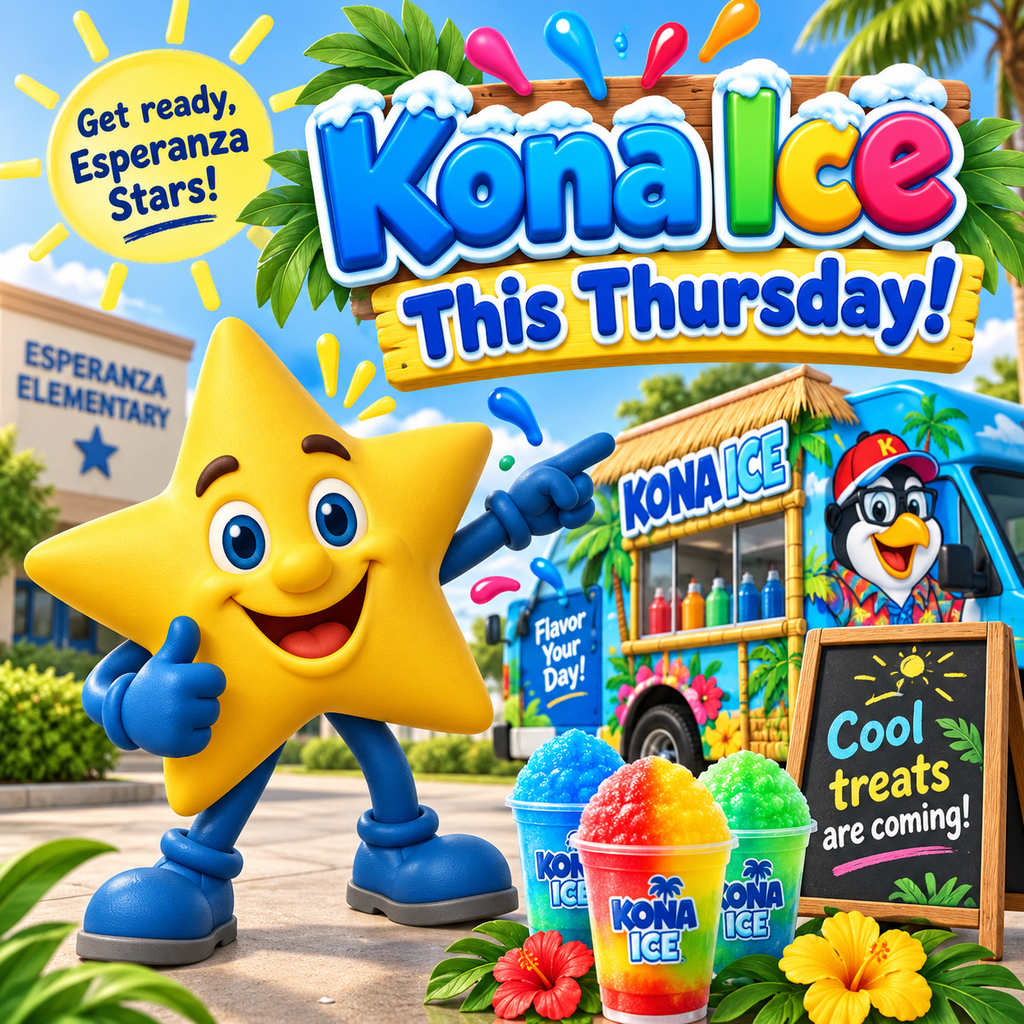 Bright, colorful 3D promotional image featuring the Esperanza Star mascot in the foreground. The yellow star character has blue arms, gloves, legs, and shoes, and is smiling while giving a thumbs-up and pointing toward the right side of the image. Large bold text at the top reads, “Kona Ice This Thursday!” in blue and multicolored 3D letters. In the background is a Kona Ice truck decorated with tropical colors and a penguin graphic. Three colorful shaved ice cups sit in the foreground near a small chalkboard sign that says, “Cool treats are coming!” A sun graphic in the upper left says, “Get ready, Esperanza Stars!” The background shows a school setting with palm trees and bright blue sky.