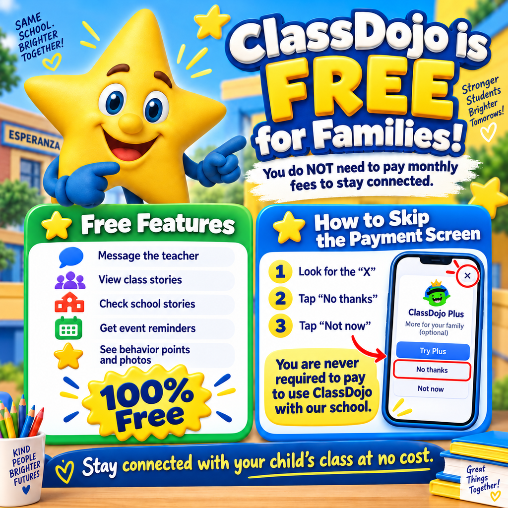 Bright, colorful 3D school flyer featuring the smiling yellow Esperanza Star mascot with blue arms, gloves, legs, and shoes. The mascot stands at the upper left, pointing toward large text that reads, “ClassDojo is FREE for Families!” Beneath it, a message says, “You do NOT need to pay monthly fees to stay connected.”  The lower half of the flyer has two large information panels. The green “Free Features” panel lists: message the teacher, view class stories, check school stories, get event reminders, and see behavior points and photos. A large yellow badge at the bottom says, “100% Free.”  The blue “How to Skip the Payment Screen” panel gives three steps: look for the “X,” tap “No thanks,” or tap “Not now.” A smartphone illustration shows a ClassDojo Plus screen with the X, “No thanks,” and “Not now” options highlighted. A yellow message box states, “You are never required to pay to use ClassDojo with our school.”  A blue banner across the bottom reads, “Stay connected with your child’s class at no cost.” The background includes a sunny school setting, stars, books, pencils, and blue-and-yellow school-themed decorations.