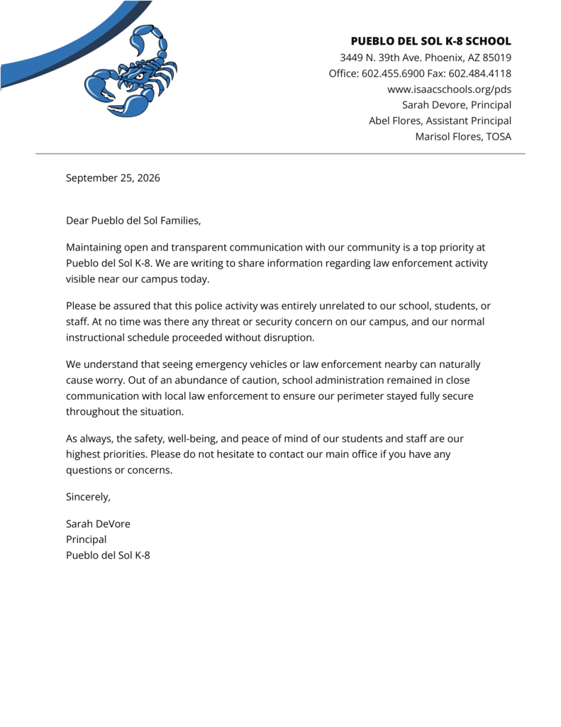 Letter to Families