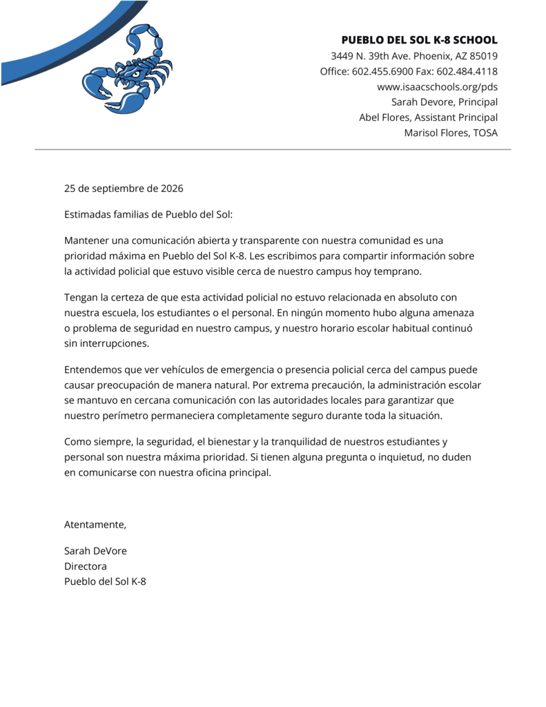 Letter to Families