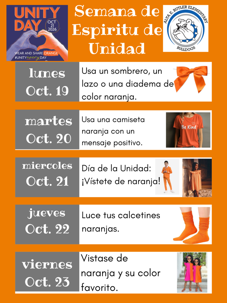 We will be celebrating Unity Week by having Unity Spirit Week from October 19-23 to promote kindness and anti-bullying. Celebraremos la Semana de la Unidad con una Semana del Espíritu de la Unidad del 19 al 23 de octubre, para promover la amabilidad y prevenir el acoso escolar.