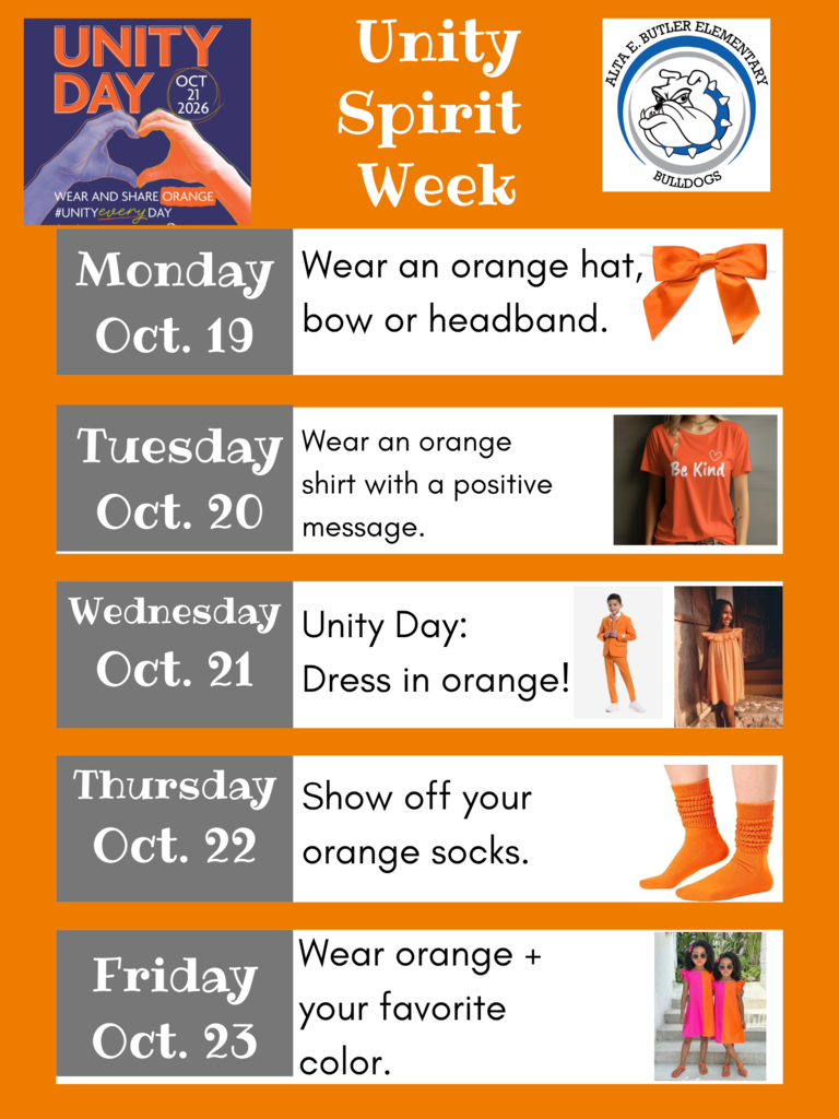 We will be celebrating Unity Week by having Unity Spirit Week from October 19-23 to promote kindness and anti-bullying. Celebraremos la Semana de la Unidad con una Semana del Espíritu de la Unidad del 19 al 23 de octubre, para promover la amabilidad y prevenir el acoso escolar.