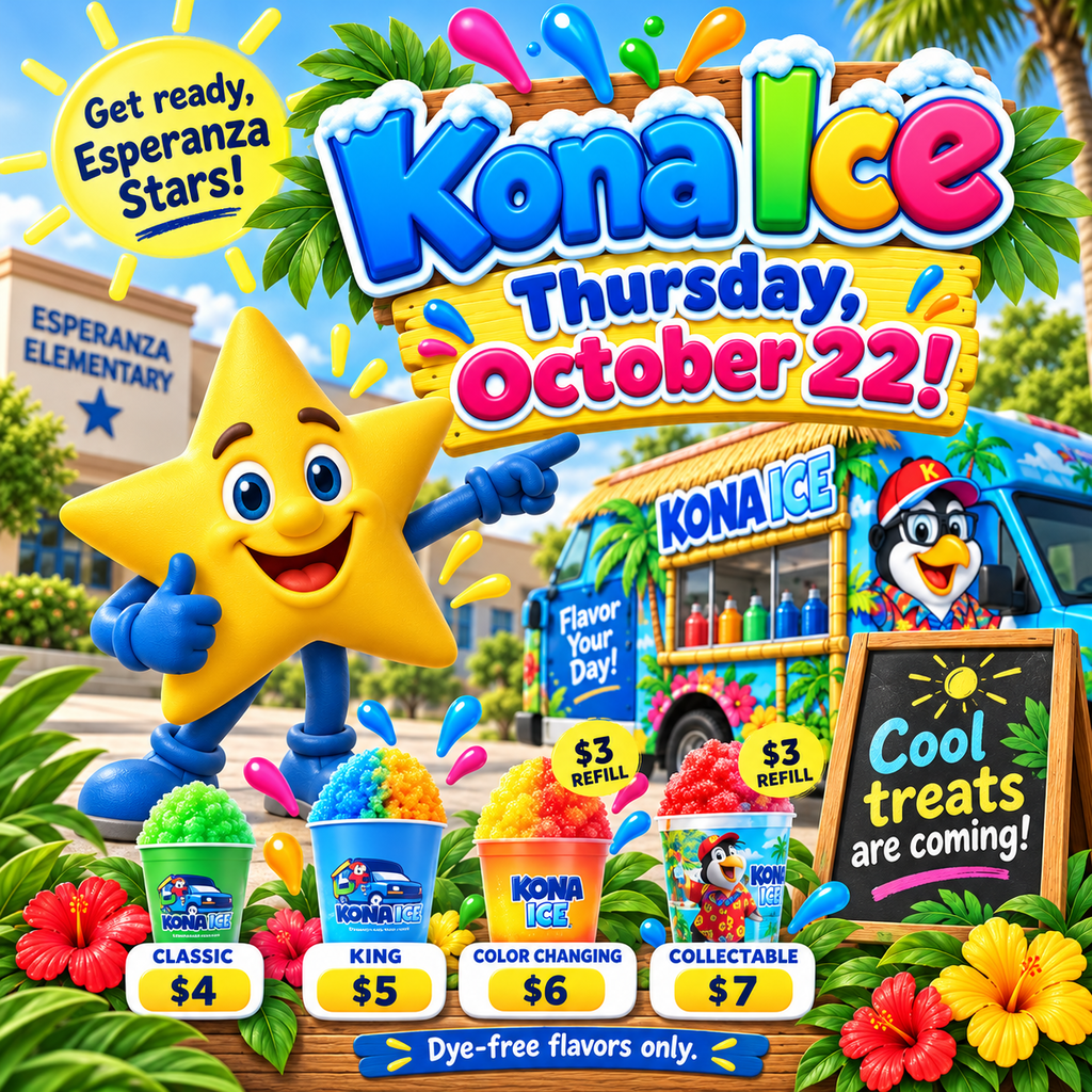 Bright, colorful 3D promotional flyer announcing Kona Ice Day at Esperanza Elementary. The smiling yellow Esperanza Star mascot, with blue arms, gloves, legs, and shoes, stands on the left giving a thumbs-up and pointing toward the event information. Large tropical-style text across the top reads, “Kona Ice – Thursday, October 22!” A yellow sun in the upper-left corner says, “Get ready, Esperanza Stars!” A colorful Kona Ice truck decorated with tropical images and a penguin mascot appears in the background. Along the bottom are four colorful shaved-ice cups with prices: Classic $4, King $5, Color Changing $6, and Collectable $7. Yellow circles above the Color Changing and Collectable cups advertise $3 refills. A blue banner at the bottom states, “Dye-free flavors only.” A chalkboard on the right reads, “Cool treats are coming!” Tropical leaves, hibiscus flowers, colorful splashes, palm trees, and a sunny school background complete the festive design.
