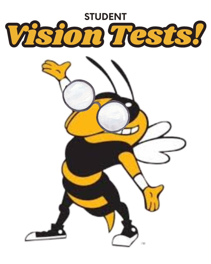 Student vision tests. Buzz (MKU mascot) is wearing a pair of glasses