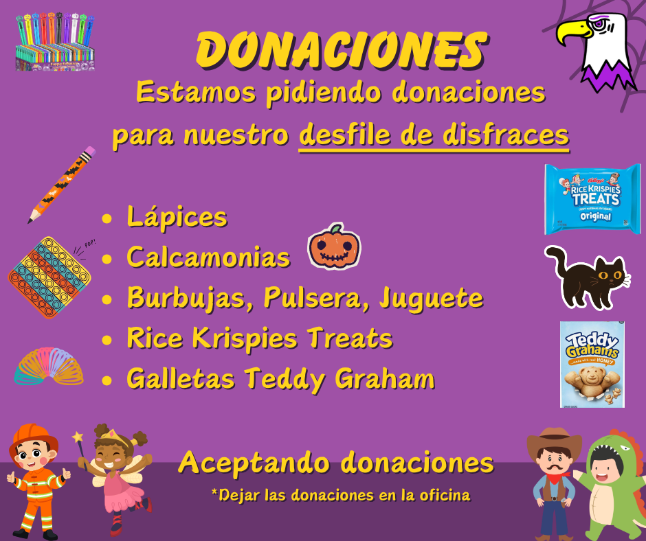 🎃👻 Mitchell Families! We Need Your Help! 🦅💜💛  We are collecting donations for our upcoming Costume Parade! 🎉 Help us make this event extra fun for our scholars by donating any of the following items:  ✏️ Pencils 🌟 Stickers 🫧 Bubbles, bracelets, and fidget toys 🍬 Rice Krispies Treats 🍪 Teddy Graham cookies  📍 Donations can be dropped off at the front office.  Thank you for your continued support and for helping us make our Costume Parade a fun and memorable experience for our Mitchell Eagles! 🦅🎃💜💛  ¡Gracias por su apoyo! ❤️