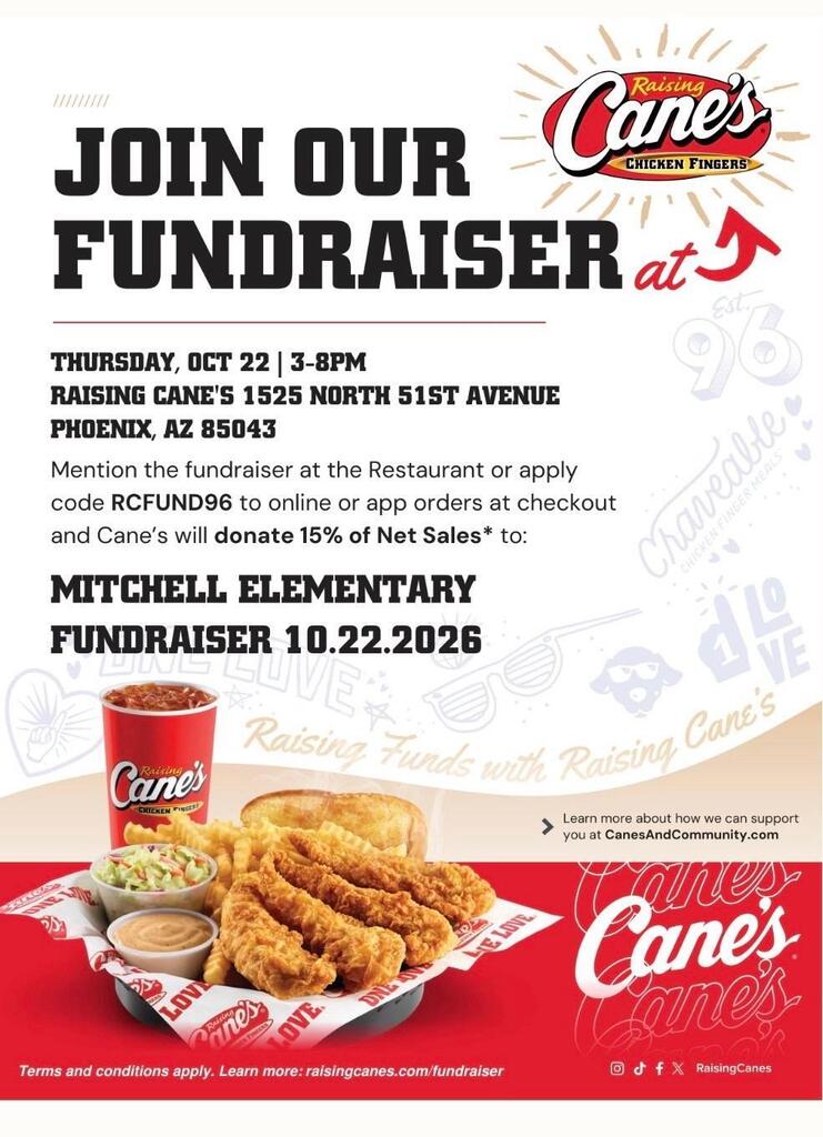 🍗RAISING CANES FUNDRAISER FOR MITCHELL ELEMENTARY🍗 Mark your calendars for Thursday, October 22! 🎉 Treat your family to dinner while supporting our Mitchell Eagles!! 💜15% of sales will be donated to Mitchell Elementary 🗓️Thursday, October 22, 2026 🕕3:00PM-8:00PM 💻Order online and enter the fundraiser code RCFUND96 🐓You may dine in or carry out ⭐️Important: Tell the cashier that you are with Mitchell Elementary! Thank you for supporting our Mitchell Eagles!