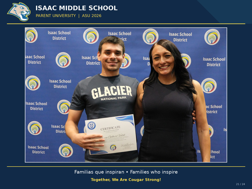 Isaac Middle School families participate in Parent University at ASU for a day of learning, connection, and recognition. The photo features the official IMS Cougar logo and a blue and yellow frame.