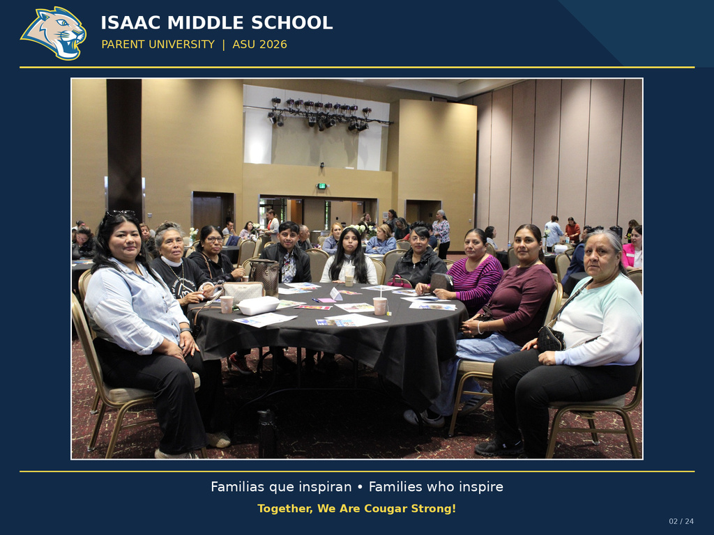 Isaac Middle School families participate in Parent University at ASU for a day of learning, connection, and recognition. The photo features the official IMS Cougar logo and a blue and yellow frame.