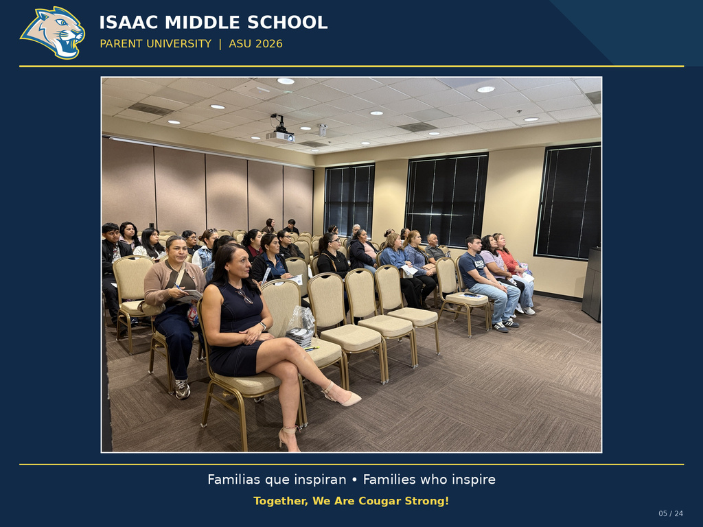Isaac Middle School families participate in Parent University at ASU for a day of learning, connection, and recognition. The photo features the official IMS Cougar logo and a blue and yellow frame.