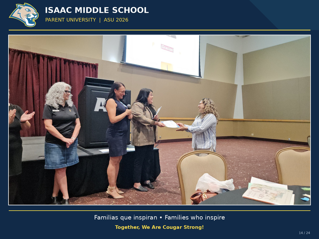 Isaac Middle School families participate in Parent University at ASU for a day of learning, connection, and recognition. The photo features the official IMS Cougar logo and a blue and yellow frame.