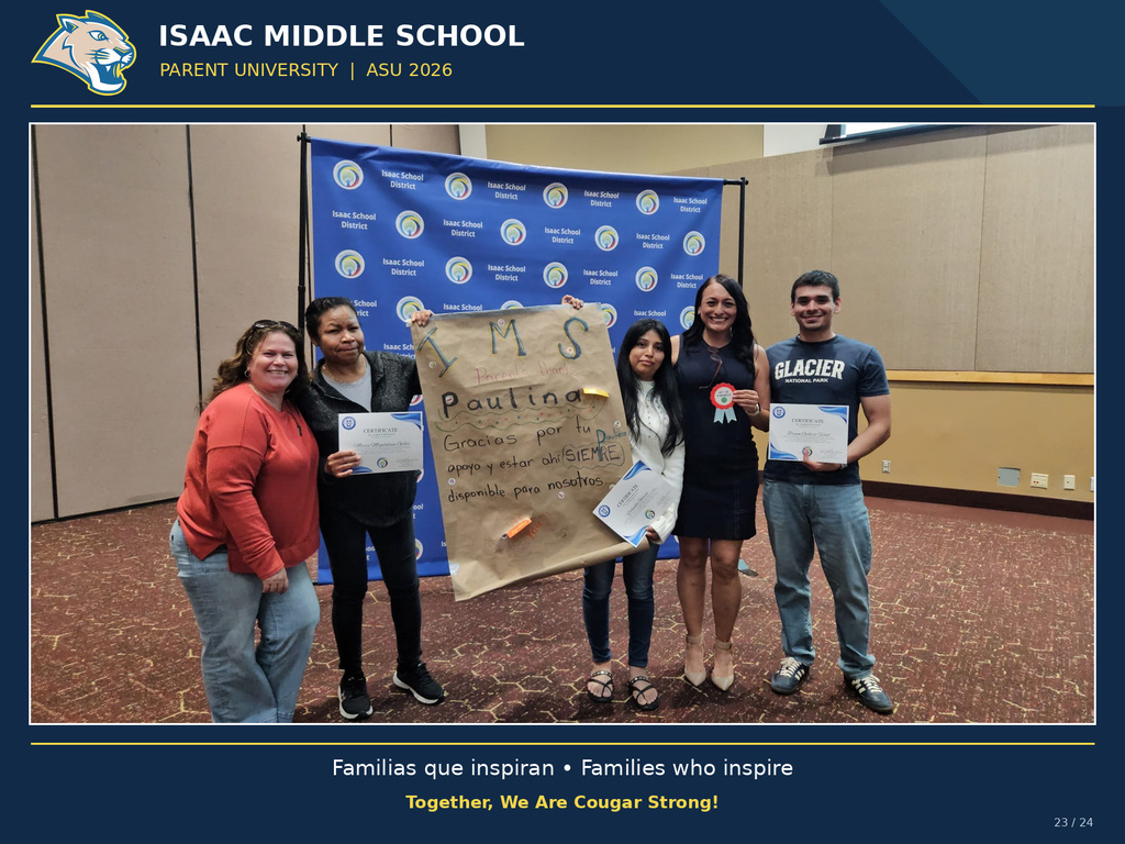 Isaac Middle School families participate in Parent University at ASU for a day of learning, connection, and recognition. The photo features the official IMS Cougar logo and a blue and yellow frame.