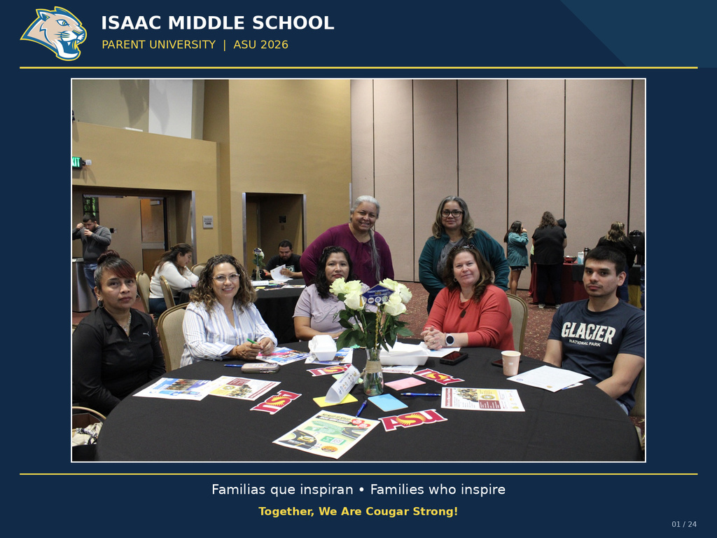 Isaac Middle School families participate in Parent University at ASU for a day of learning, connection, and recognition. The photo features the official IMS Cougar logo and a blue and yellow frame.