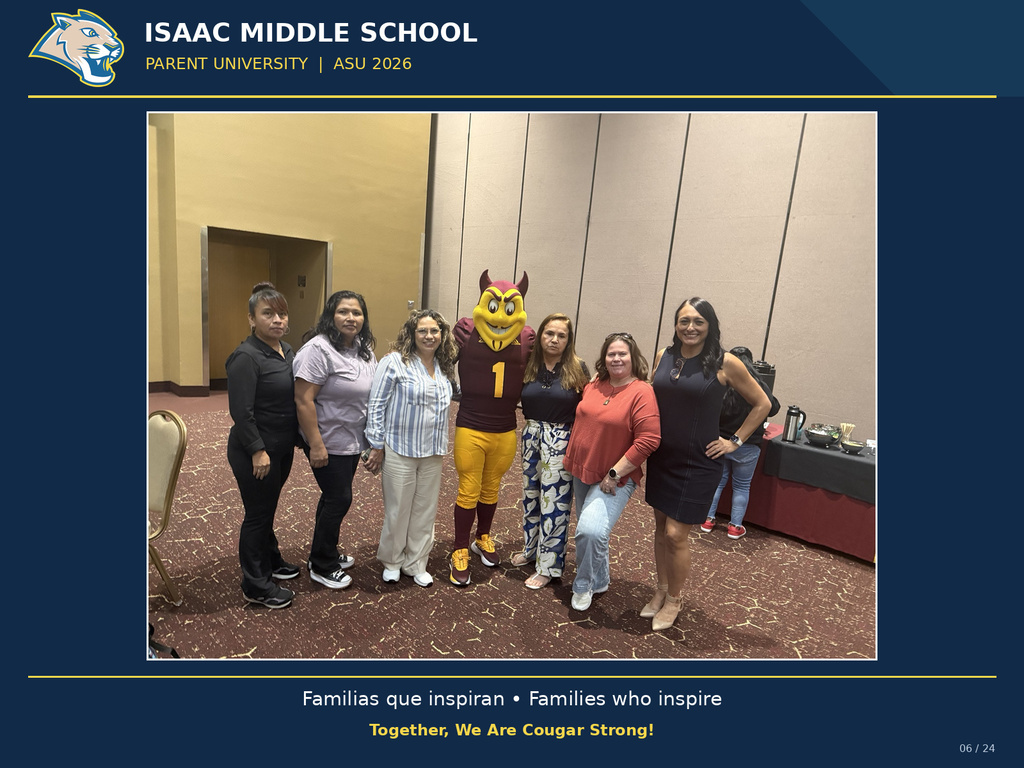 Isaac Middle School families participate in Parent University at ASU for a day of learning, connection, and recognition. The photo features the official IMS Cougar logo and a blue and yellow frame.