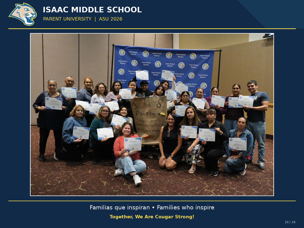 Isaac Middle School families participate in Parent University at ASU for a day of learning, connection, and recognition. The photo features the official IMS Cougar logo and a blue and yellow frame.