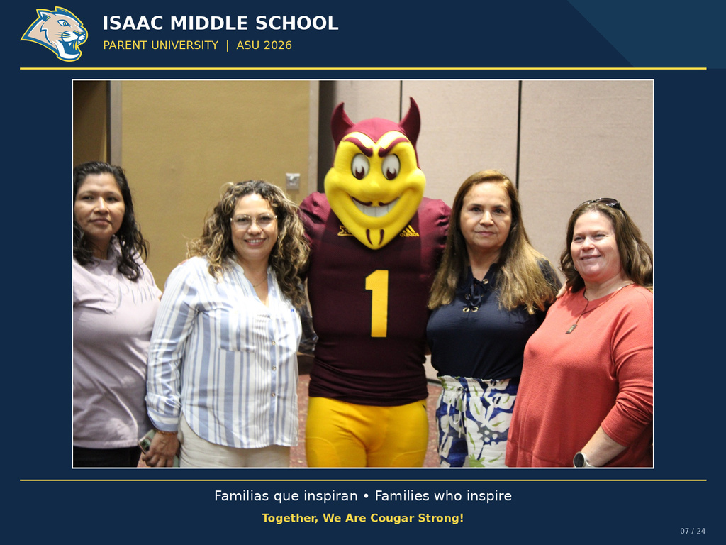 Isaac Middle School families participate in Parent University at ASU for a day of learning, connection, and recognition. The photo features the official IMS Cougar logo and a blue and yellow frame.