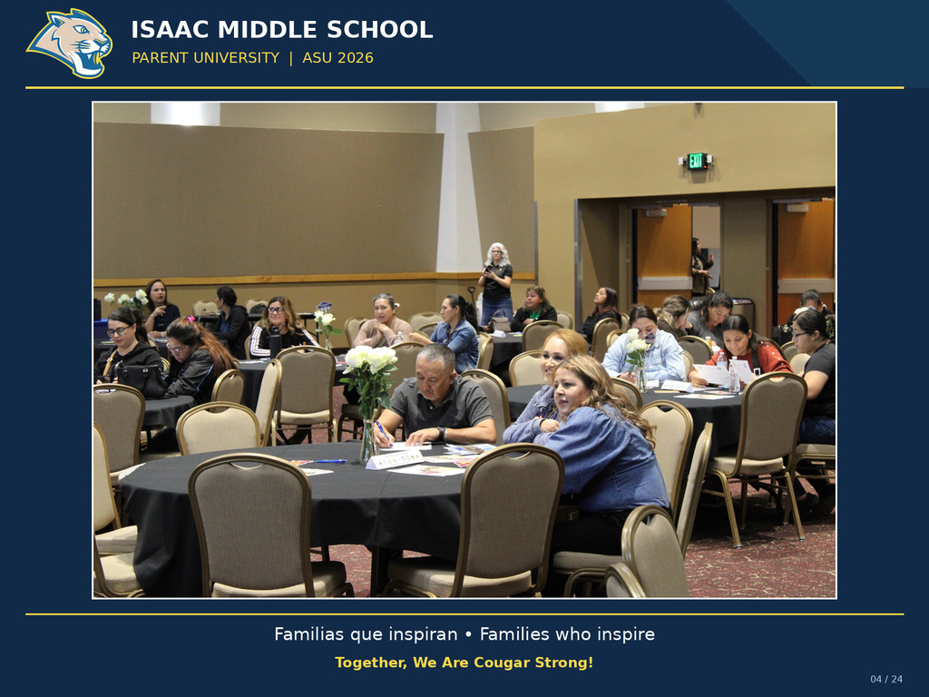 Isaac Middle School families participate in Parent University at ASU for a day of learning, connection, and recognition. The photo features the official IMS Cougar logo and a blue and yellow frame.