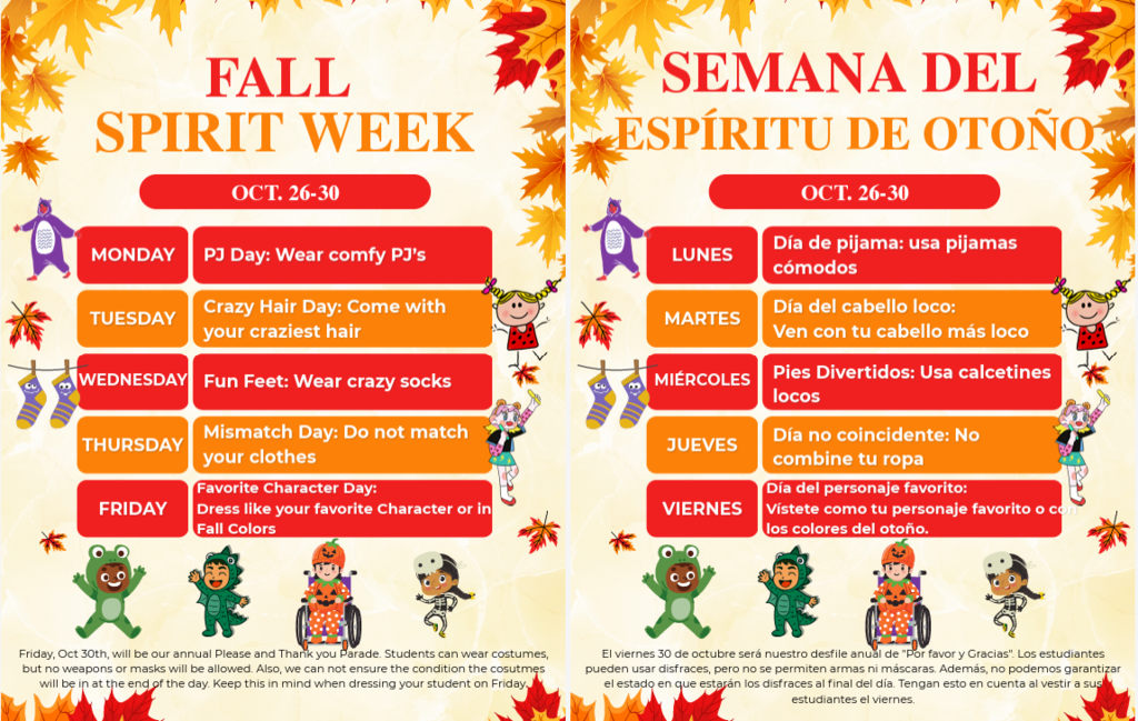 Fall Spirit Week flyer in English and Spanish