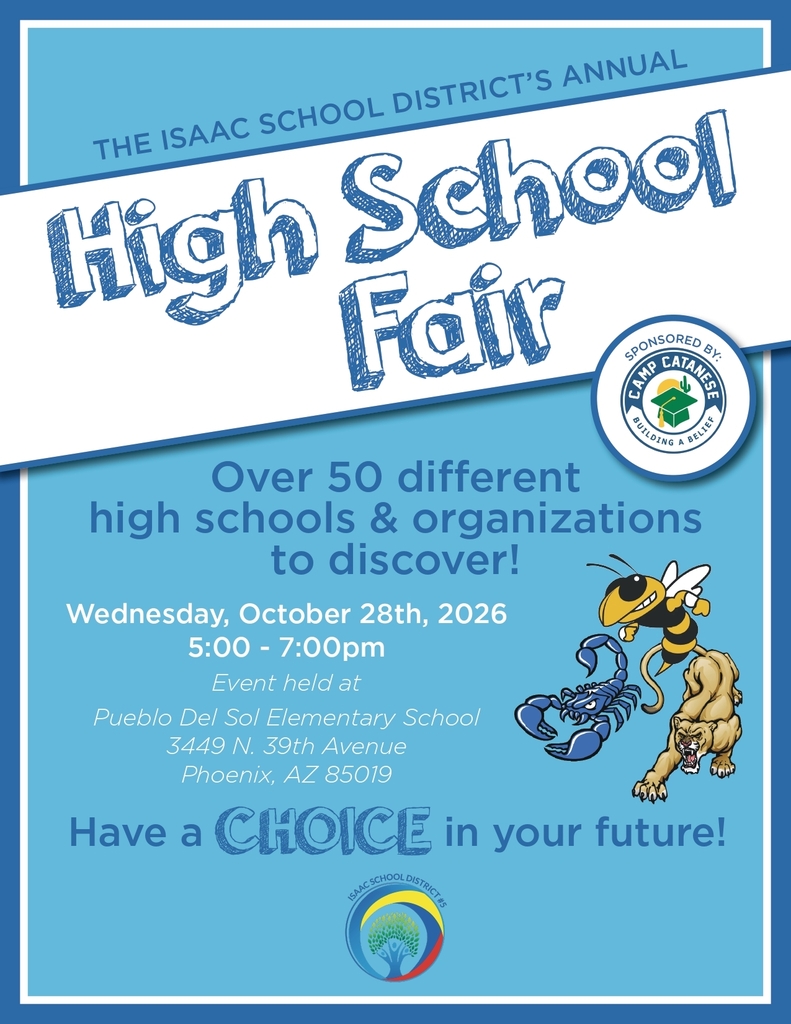 High School Fair. Over 50 different high schools and organizations to discover! Wednesday October 28th 2026 5pm to 7pm at Pueblo del Sol middle school. Have a choice in your future!