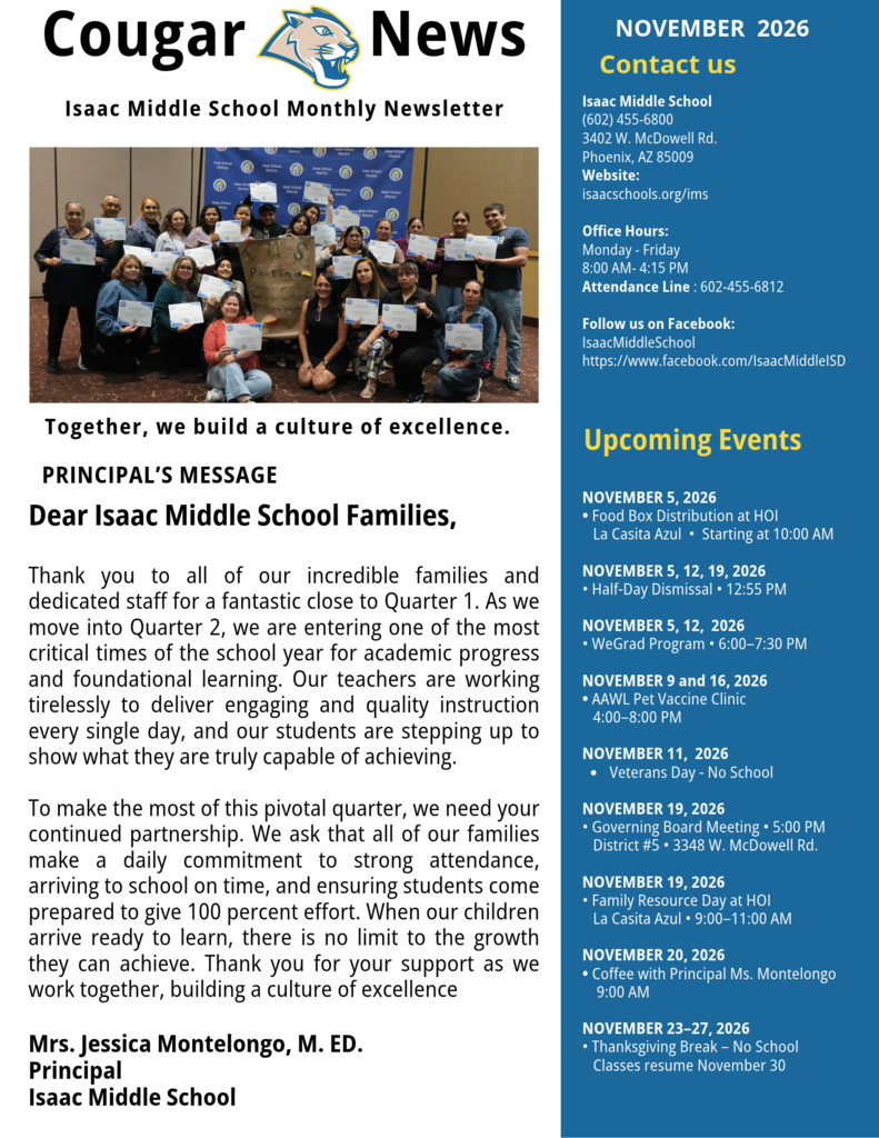 🍂💙💛 Let’s keep growing together this November, Cougar family! Our November newsletter is here! Explore IMS news, upcoming activities, and opportunities for families to get involved and stay connected with our school. 📲 Read it here: https://aptg.co/hCBSY_ Thank you for being part of our community and supporting our students every day! Building a Culture of Excellence. 🐾 Go Cougars!