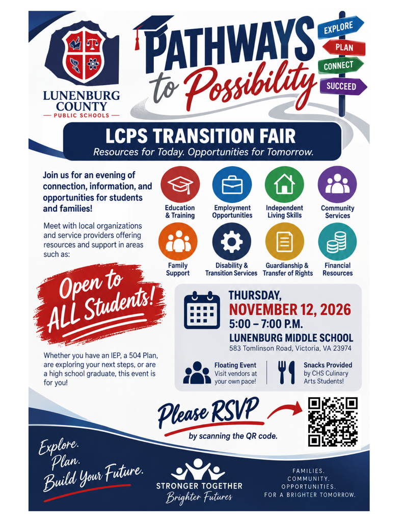 An event flyer announces a Transition Fair. Logos and text read "Pathways to Possibility." QR code directs to RSVP.