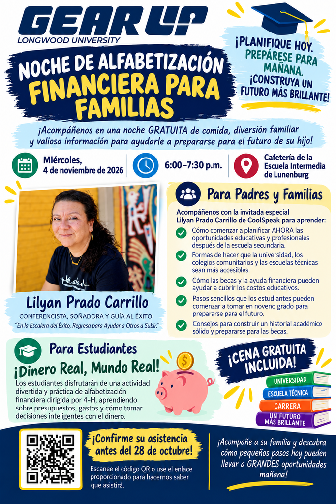 A flyer with a woman and a piggy bank. Text reads "Gear Up" and "Evening for Families."