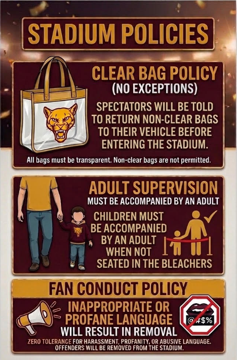 A sign with three sections for stadium policies. One section is about bags, the other about supervision and conduct.