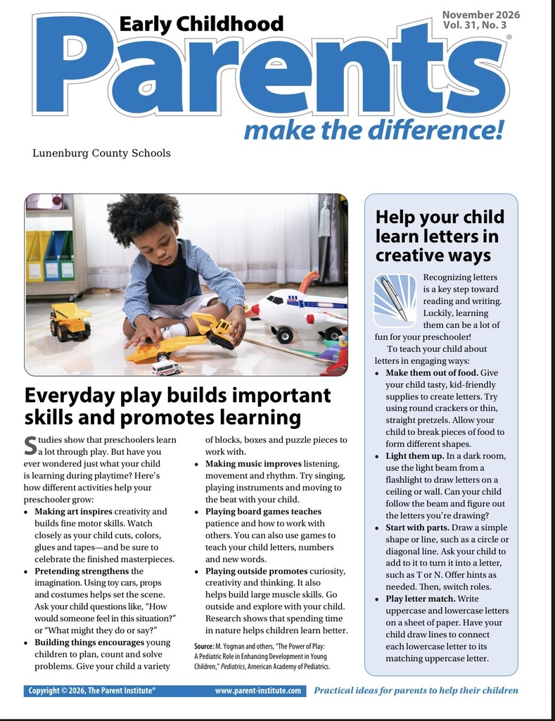 Flyer with black text on white background. A child plays with toys. Text reads "Early Childhood Parents make the difference!"