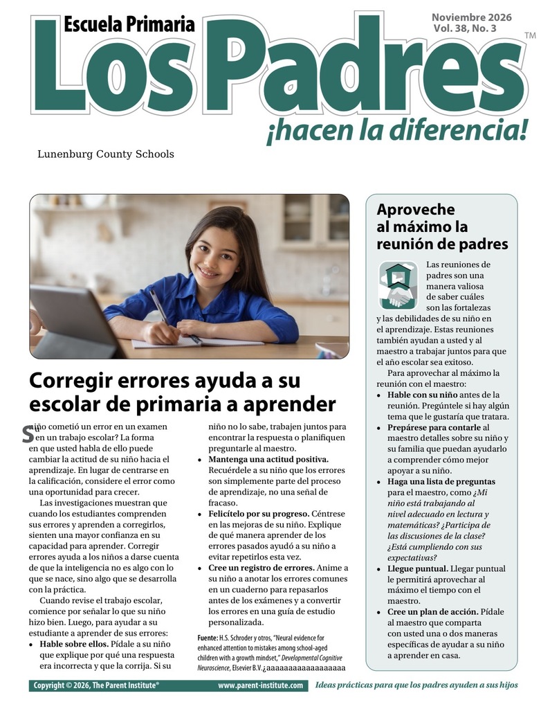 A woman with a laptop on a table. The words "Escuela Primaria Los Padres" and "November 2020" are on the page.