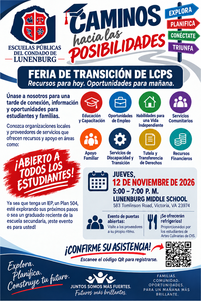 Blue and white flyer with white text, icons, and a QR code. Logos at the top.