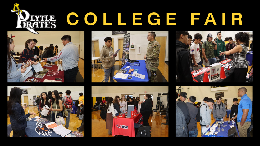 Images of students at the Lytle High School College Fair talking to representatives of colleges, trade schools and military