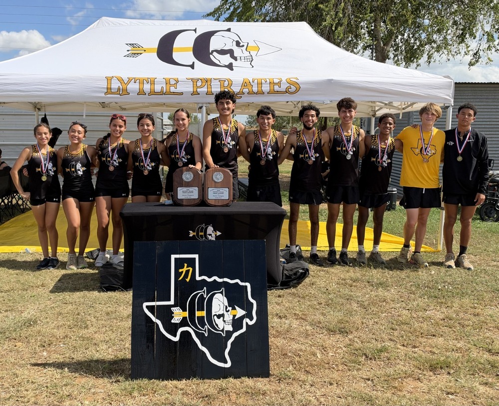 Varsity Cross Country teams with their district championship trophies