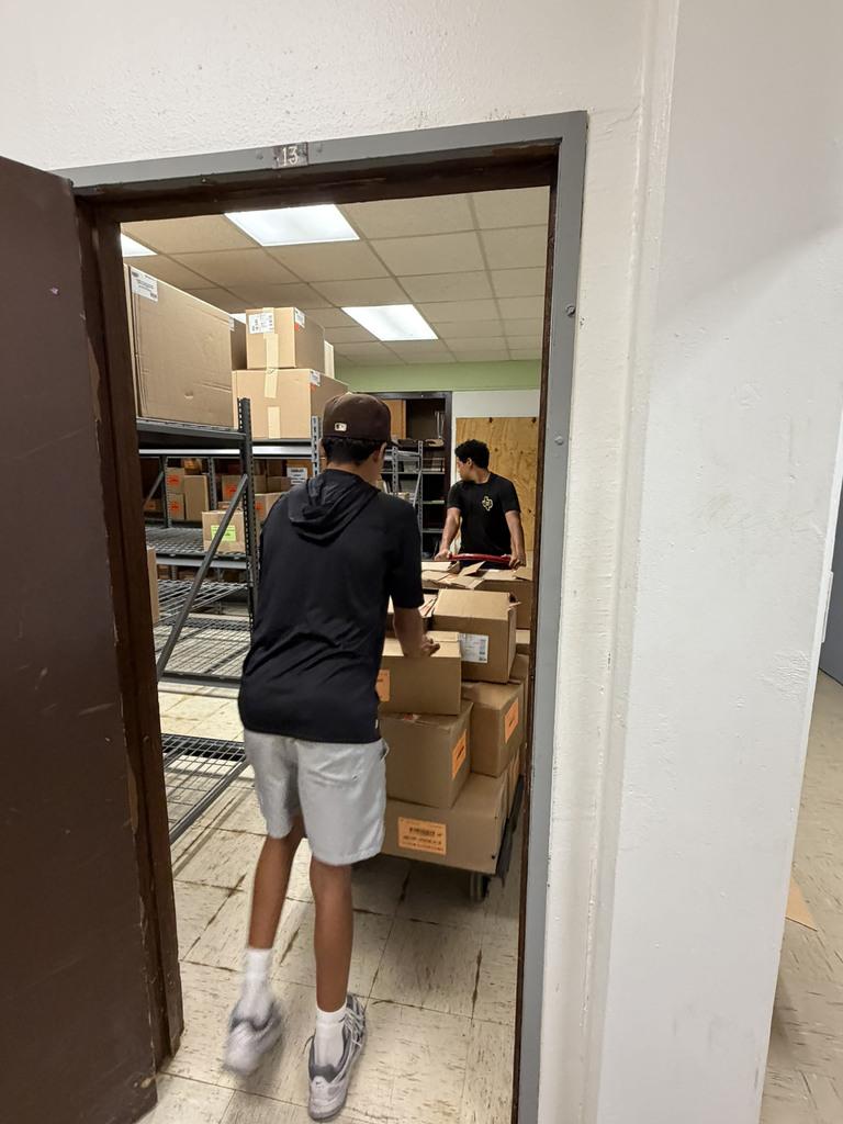 Students and staff helping with sorting textbooks.