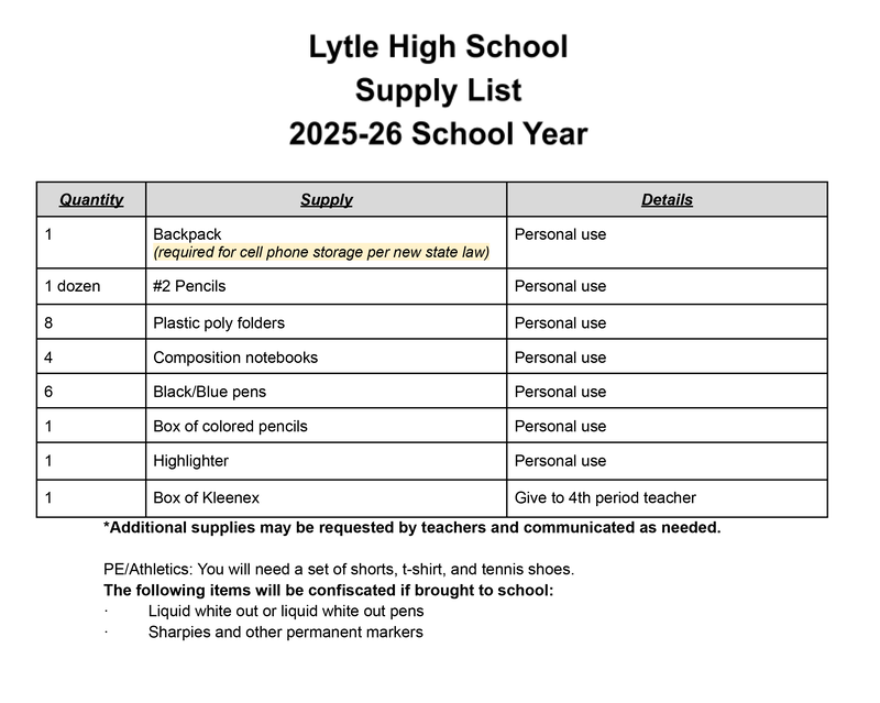 High School Supply List