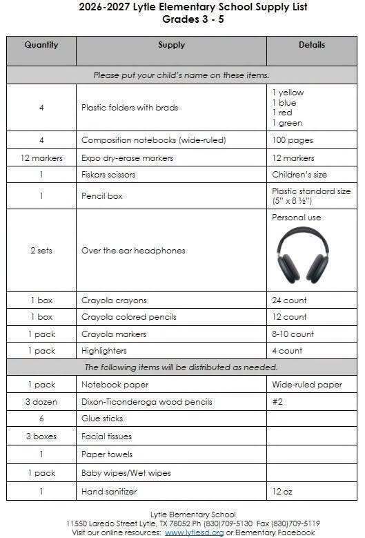 Lytle Elementary school supply list
