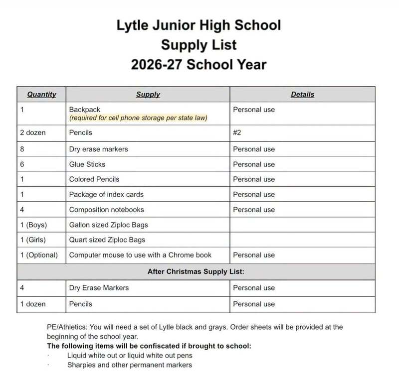 Lytle Junior High School Supply List