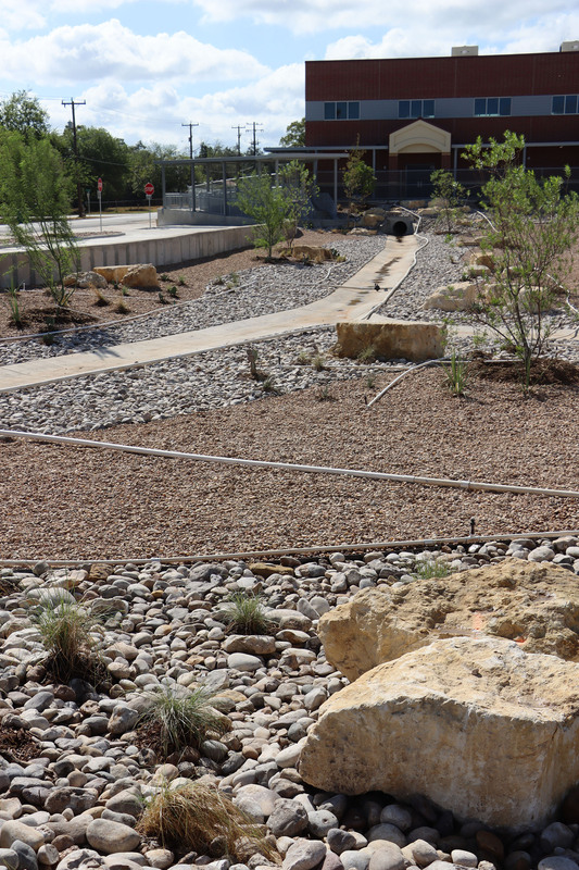 The detention pond at the Primary that has a park-like setting